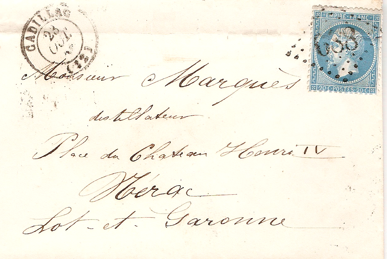 Cadillac — Lettre France Cadillac 1866