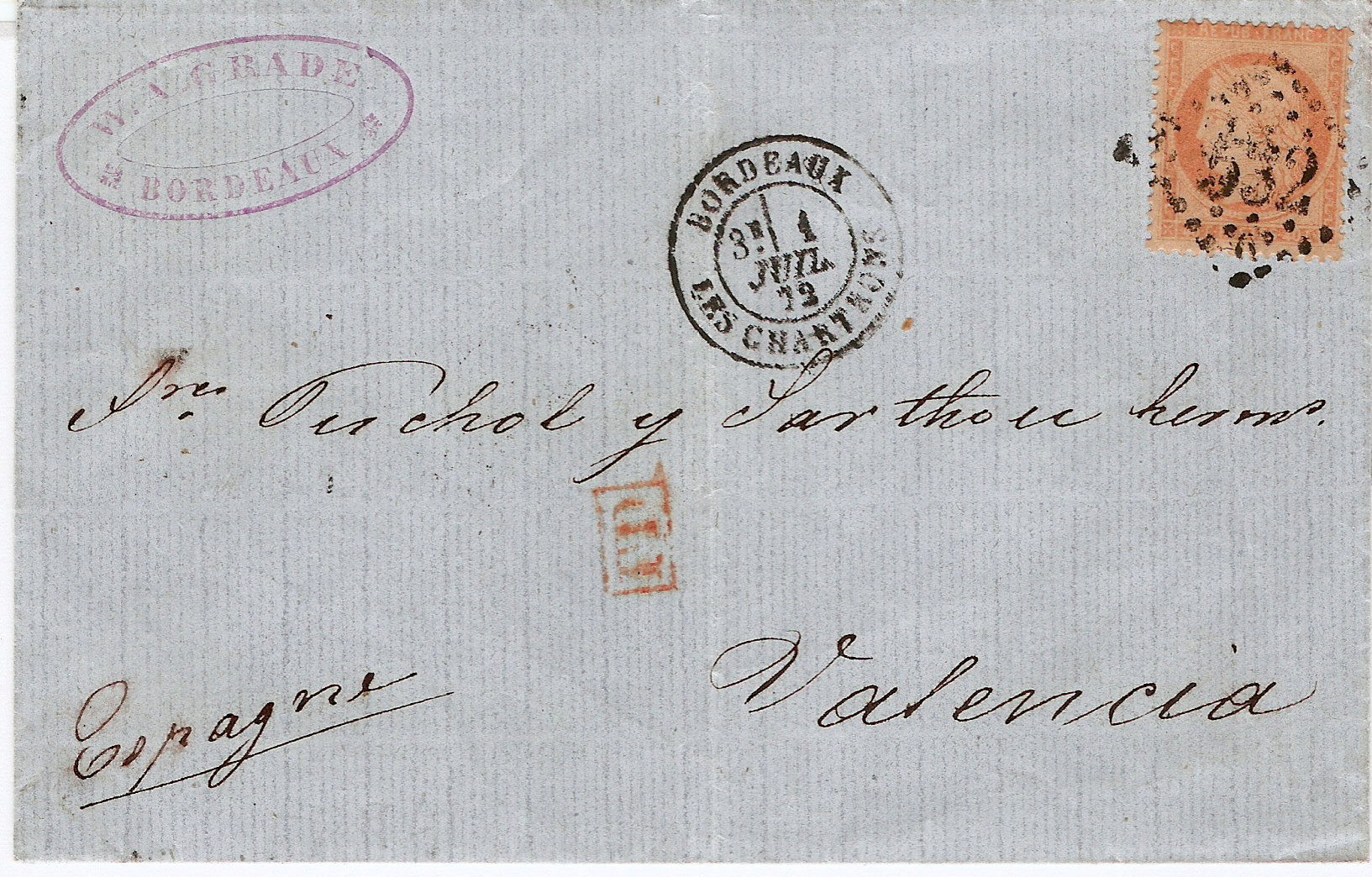 Bordeaux — Lettre France Bordeaux 1872