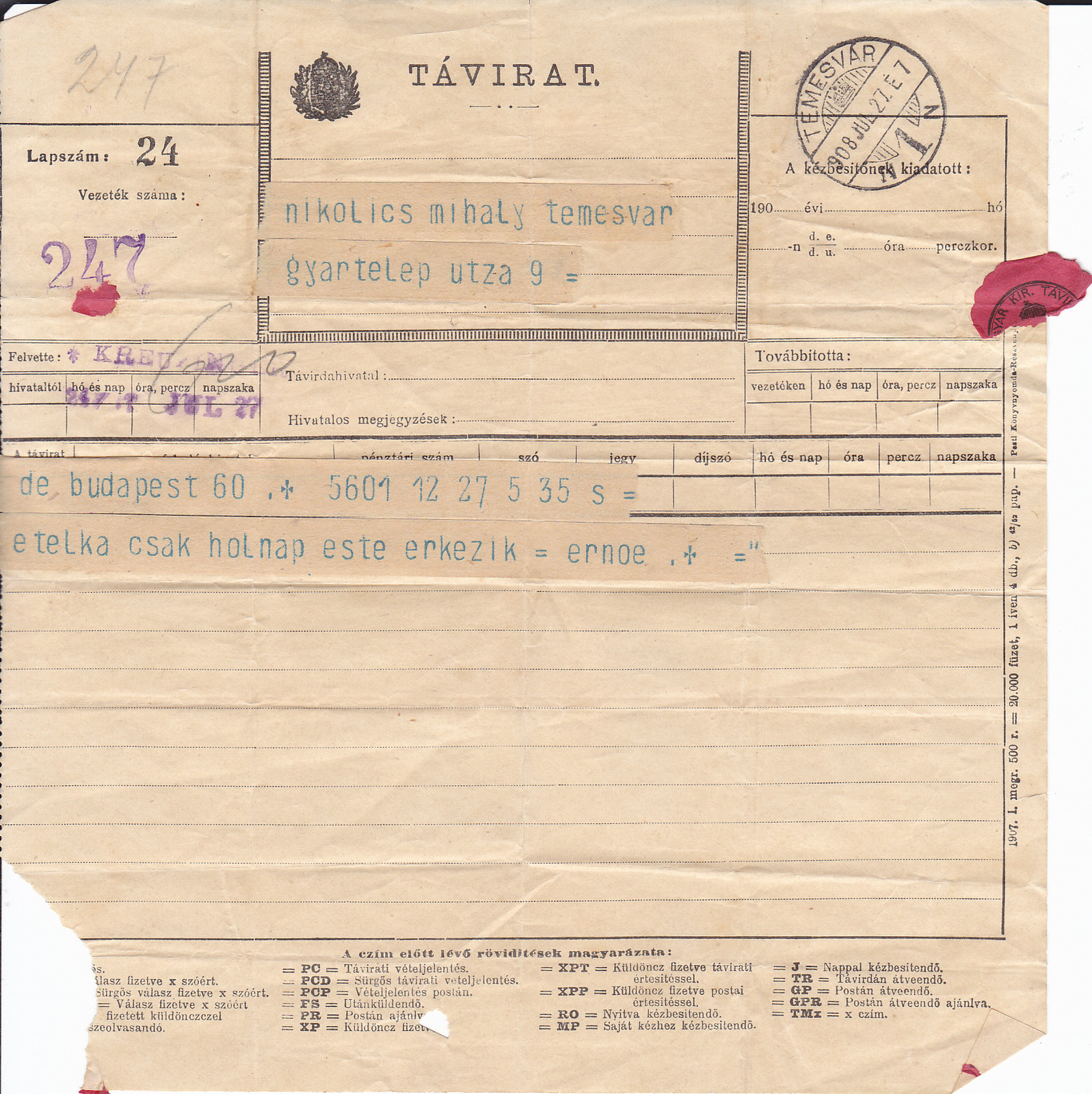 Timisoara — Romania Temesvar Timisoara telegram 1908