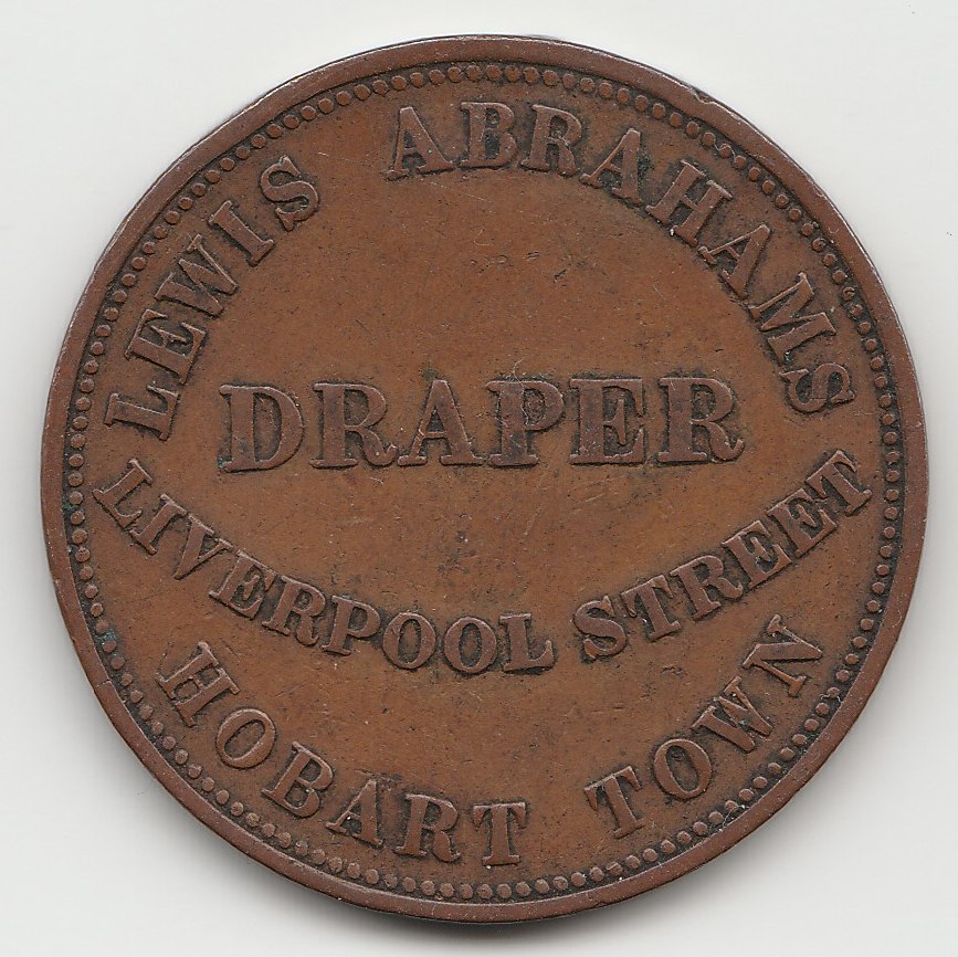 Liverpool — R1 Australian Penny Token, 1855, Lewis Abrahams Draper Liverpool Street Hobart Town - obverse