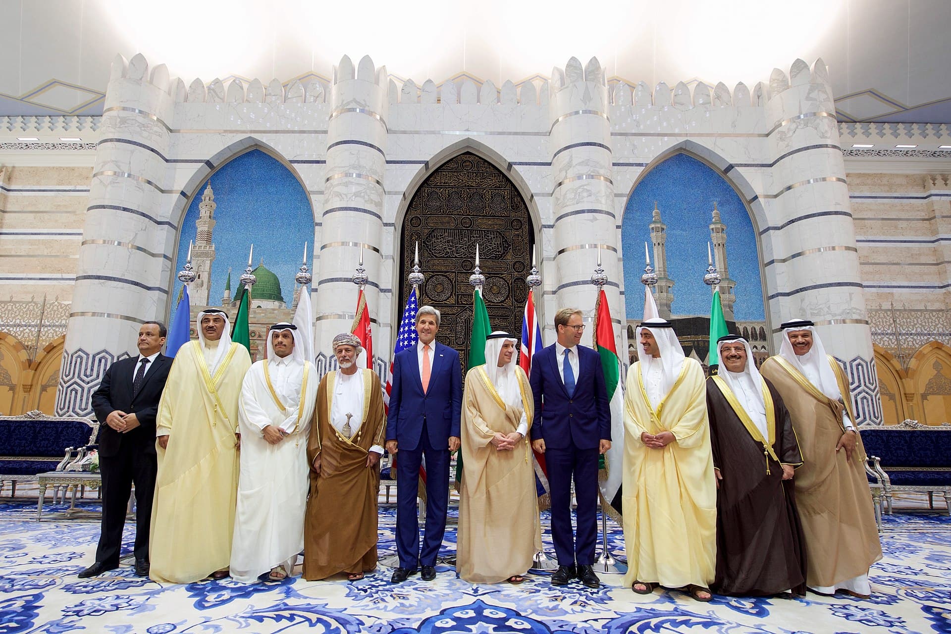 Sabah — Secretary Kerry Poses for a Photo With Saudi Arabian Officials and Others in the Royal Terminal 1 at King Abdulaziz International Airport in Jeddah (29222399375)